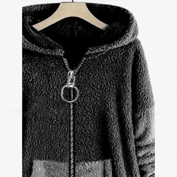 ⁦Autumn And Winter Stitching Contrast Color Double-sided Velvet Hooded Jacket Zipper Cloak Tops Warm Women⁩ - الصورة ⁦4⁩