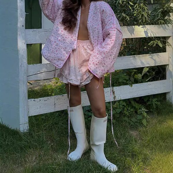 ⁦Sweet Floral Lace-up Cotton-padded Clothes V-neck Flared Sleeves Cotton-padded Clothes⁩ - الصورة ⁦3⁩