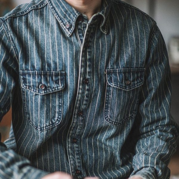 ⁦Vintage Vertical Stripes Denim Shirt Workwear Washed Old Long Sleeve Men⁩ - الصورة ⁦6⁩