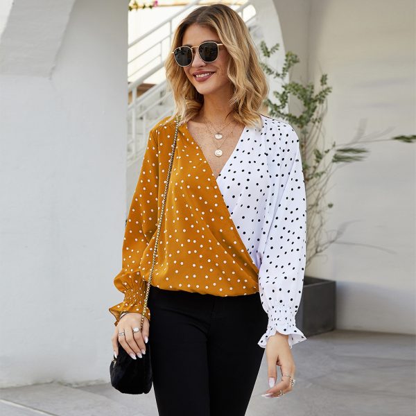 ⁦Women's Patchwork Polka Dot Long Sleeve Top Casual Shirt⁩ - الصورة ⁦3⁩