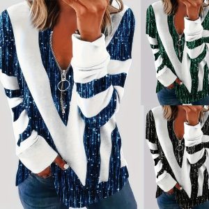 Women's Long Sleeve Shirts Zipper Color Block V Neck Tunic Tops Casual Blouse