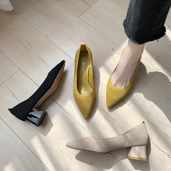 ⁦Women's Thick Heel Shoes With Pointed Toe Net Red Trend⁩ - الصورة ⁦4⁩