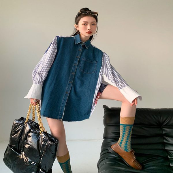 ⁦Women's Denim Patchwork Pattern Shirt Dress Loose Korean Style⁩ - الصورة ⁦4⁩