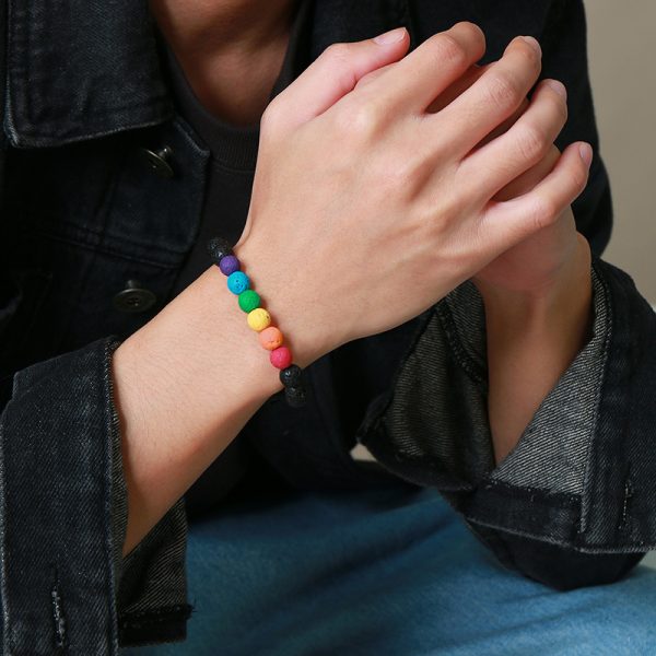⁦Rainbow Beaded Volcanic Stone Rainbow Accessories Rainbow Ornament Bracelet Wholesale⁩ - الصورة ⁦4⁩