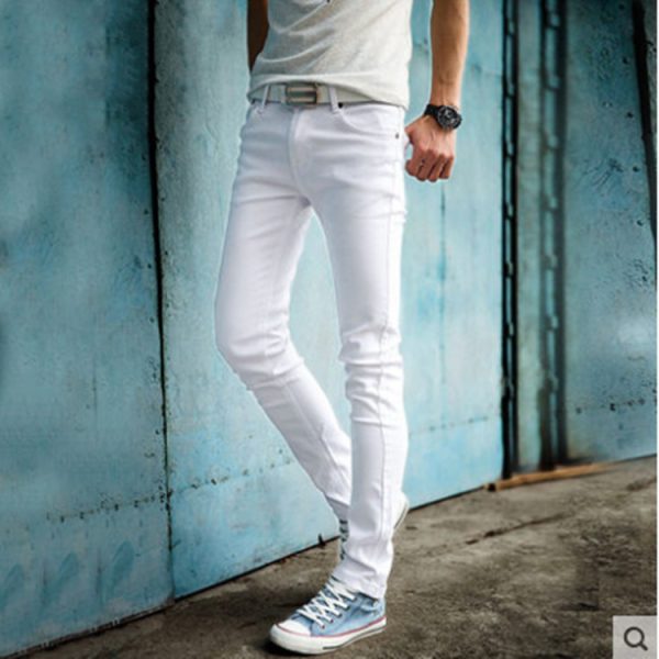 ⁦Trendy Men New Metrosexual Pattern & White Skinny Jeans Men's Korean-style Slim Fit Casual Pants Men⁩ - الصورة ⁦4⁩