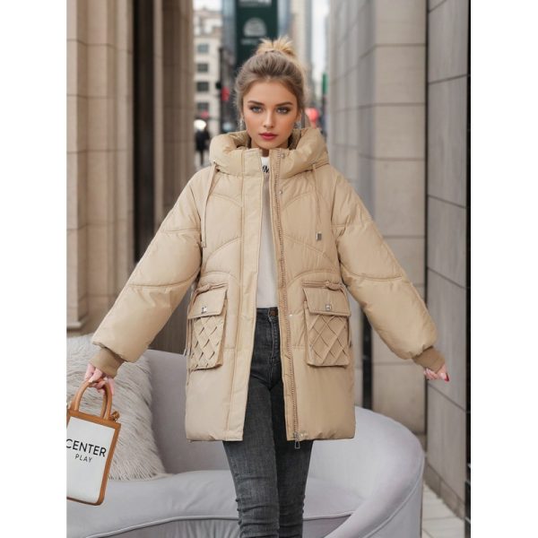⁦Winter Warm Hooded Coat With Pockets Fashion Solid Color Thicken Straight Cotton Jacket For Women Outerwear Clothing⁩ - الصورة ⁦7⁩