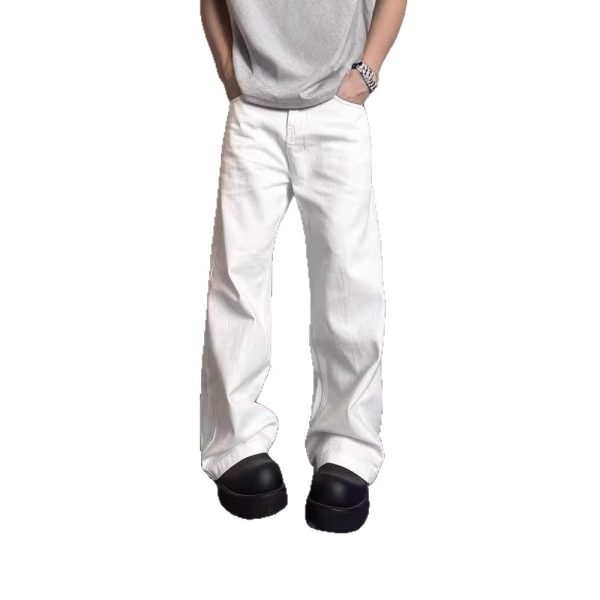 ⁦High-grade Loose Straight Wide Leg American High Street White Jeans Men⁩ - الصورة ⁦6⁩