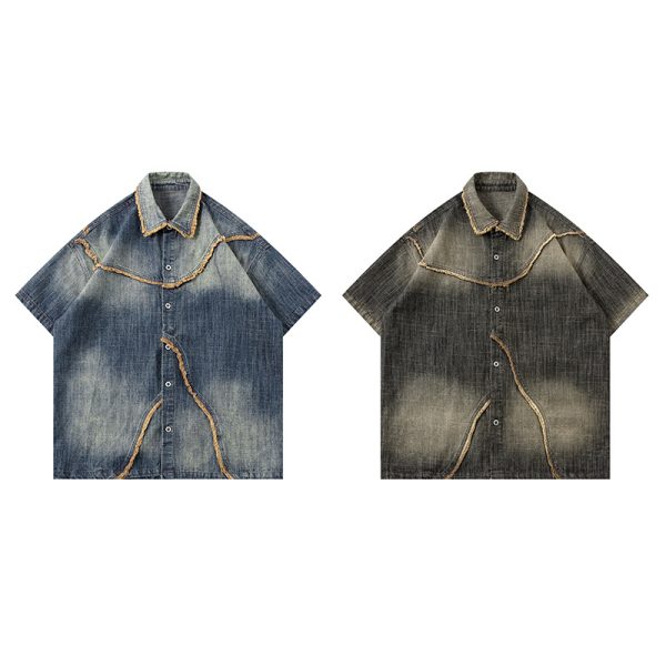 ⁦Worn Looking Washed-out Gradient Design Sense Denim Short Sleeve Shirt Men⁩ - الصورة ⁦5⁩