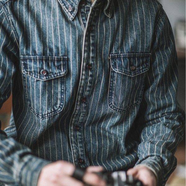 ⁦Vintage Vertical Stripes Denim Shirt Workwear Washed Old Long Sleeve Men⁩ - الصورة ⁦3⁩