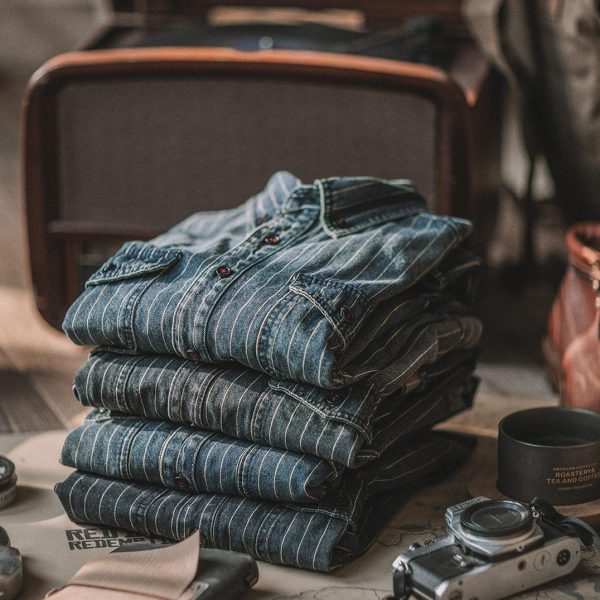 ⁦Vintage Vertical Stripes Denim Shirt Workwear Washed Old Long Sleeve Men⁩ - الصورة ⁦2⁩