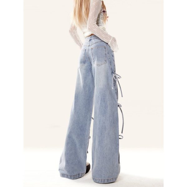 ⁦Bow Bandage Jeans For Women Loose-fitting Wide-leg Trousers⁩ - الصورة ⁦3⁩