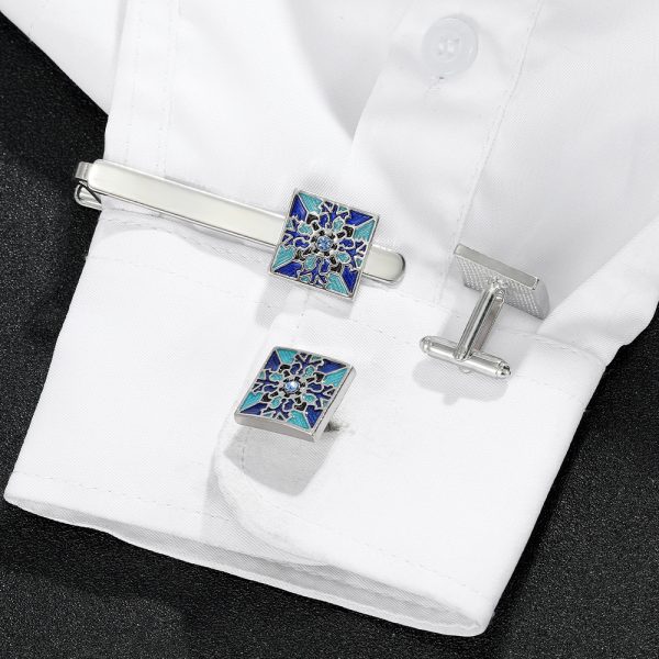 ⁦Creative Blue Pattern Cufflinks Men And Women Business French Shirt Cufflinks Tie Clip Accessories Gift Box⁩ - الصورة ⁦4⁩