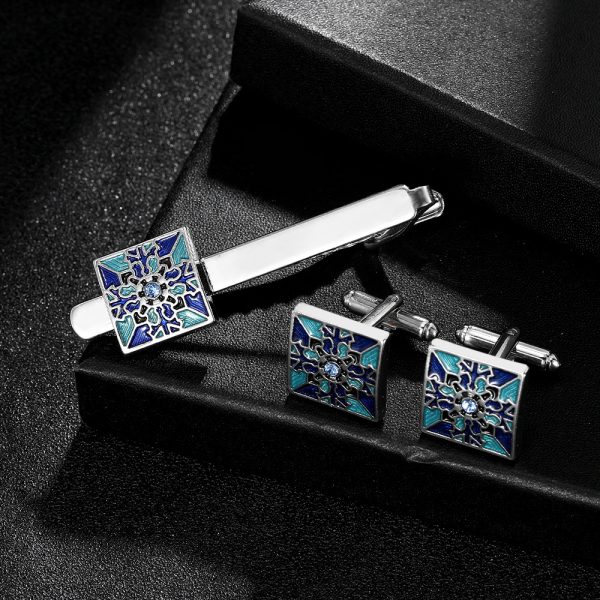 ⁦Creative Blue Pattern Cufflinks Men And Women Business French Shirt Cufflinks Tie Clip Accessories Gift Box⁩ - الصورة ⁦2⁩