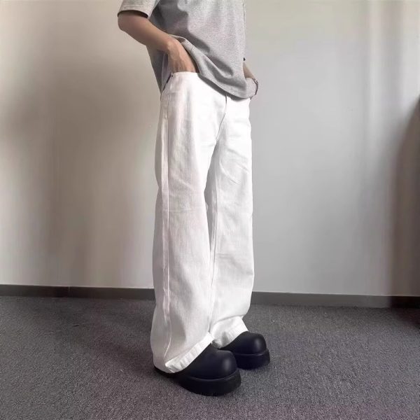 ⁦High-grade Loose Straight Wide Leg American High Street White Jeans Men⁩ - الصورة ⁦3⁩