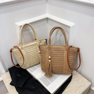 New Women's Portable Shoulder Crossbody Straw Bag Large Capacity