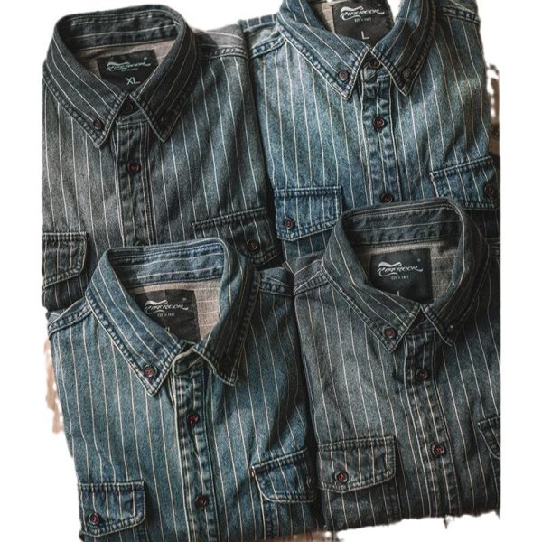 ⁦Vintage Vertical Stripes Denim Shirt Workwear Washed Old Long Sleeve Men⁩ - الصورة ⁦5⁩