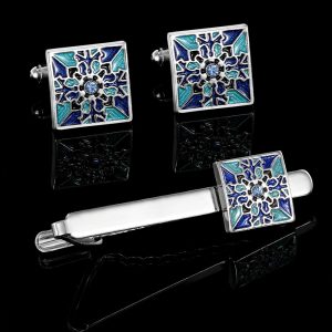 Creative Blue Pattern Cufflinks Men And Women Business French Shirt Cufflinks Tie Clip Accessories Gift Box