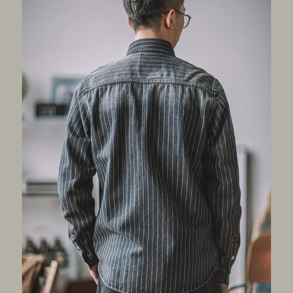 ⁦Vintage Vertical Stripes Denim Shirt Workwear Washed Old Long Sleeve Men⁩ - الصورة ⁦4⁩