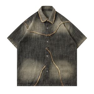 Worn Looking Washed-out Gradient Design Sense Denim Short Sleeve Shirt Men