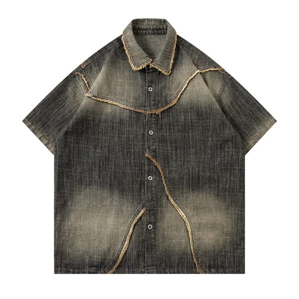 Worn Looking Washed-out Gradient Design Sense Denim Short Sleeve Shirt Men