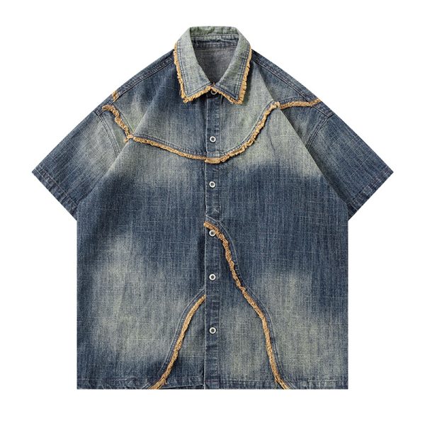 ⁦Worn Looking Washed-out Gradient Design Sense Denim Short Sleeve Shirt Men⁩ - الصورة ⁦3⁩