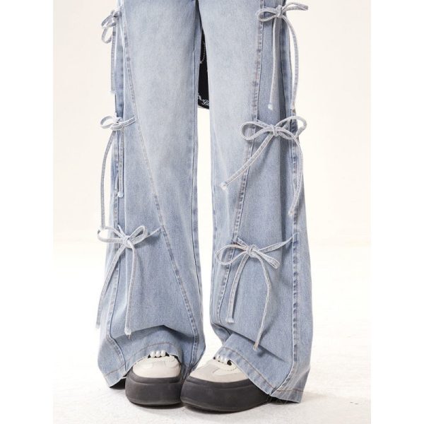⁦Bow Bandage Jeans For Women Loose-fitting Wide-leg Trousers⁩ - الصورة ⁦4⁩