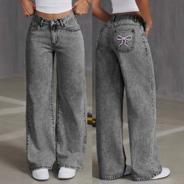 ⁦Vintage Bow Embroidered Washed Jeans For Women Straight Loose Trousers⁩ - الصورة ⁦2⁩