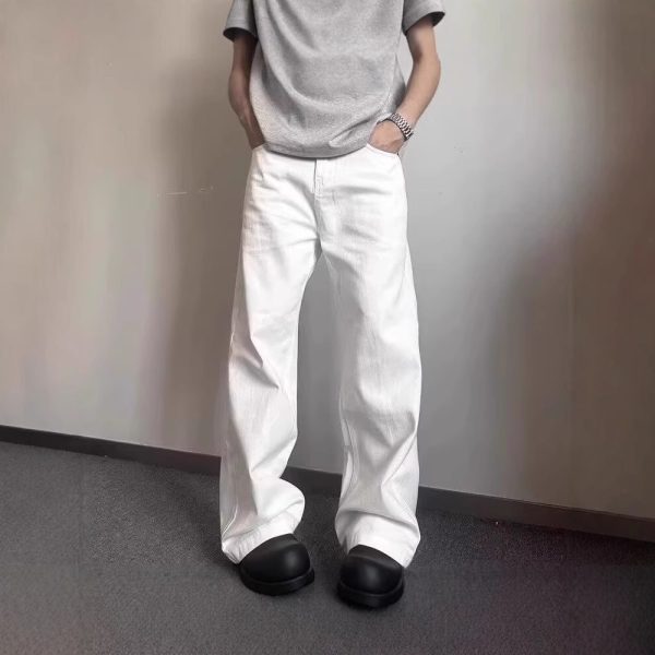 ⁦High-grade Loose Straight Wide Leg American High Street White Jeans Men⁩ - الصورة ⁦4⁩