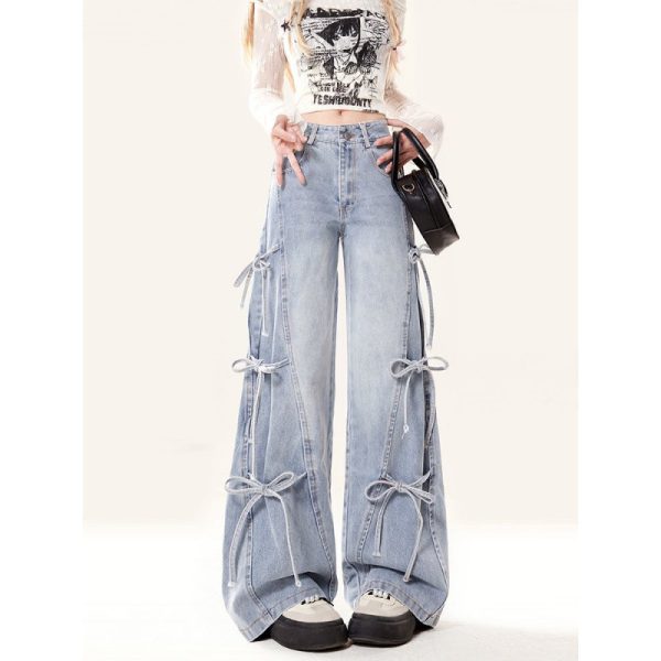 ⁦Bow Bandage Jeans For Women Loose-fitting Wide-leg Trousers⁩ - الصورة ⁦5⁩