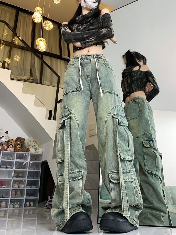 ⁦Vintage Jeans Worn Looking Washed-out Overalls For Women⁩ - الصورة ⁦3⁩
