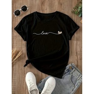 Women's Love Heart Print T Shirts Summer Funny Short Sleeve Tops
