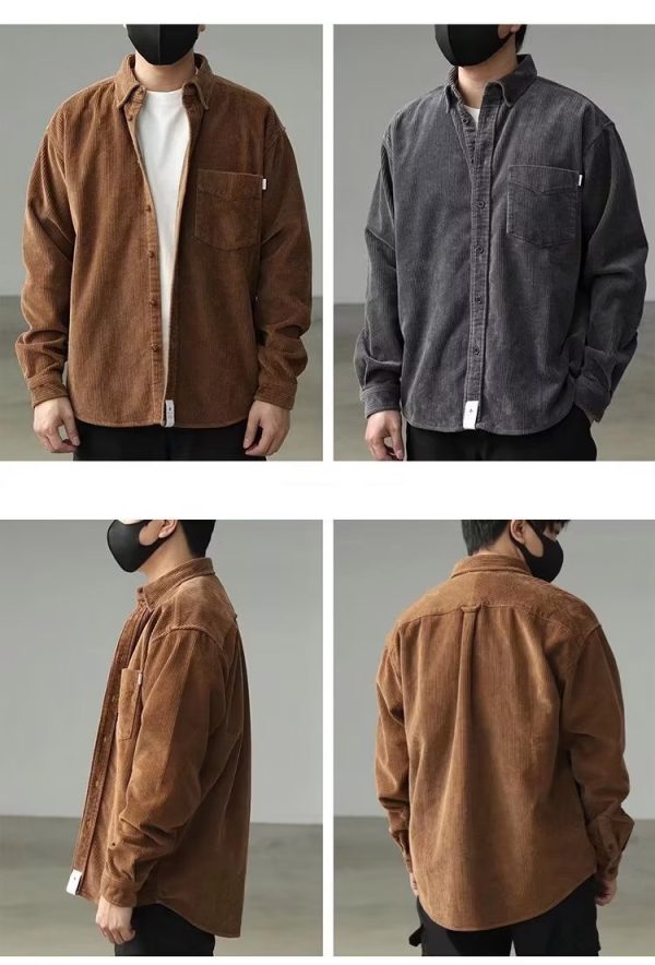 ⁦Vintage Corduroy Shirt Men Loose Cargo Shirt Coat⁩ - الصورة ⁦7⁩
