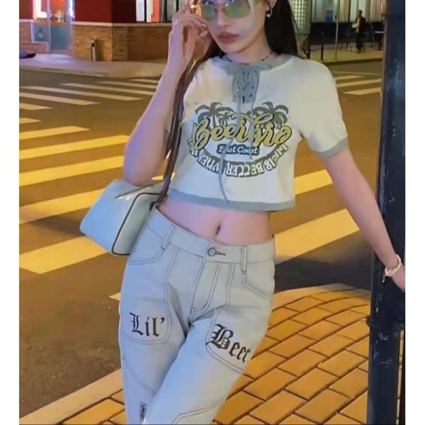 ⁦Vintage Embroidered Zip Fly Khaki Jeans For Women⁩ - الصورة ⁦5⁩