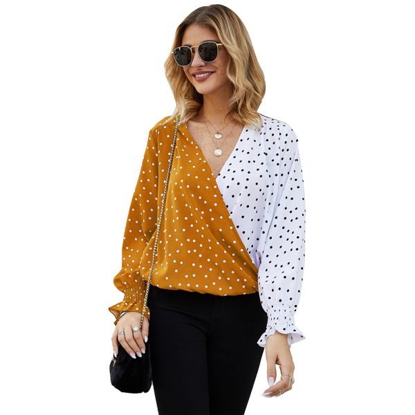 ⁦Women's Patchwork Polka Dot Long Sleeve Top Casual Shirt⁩ - الصورة ⁦6⁩