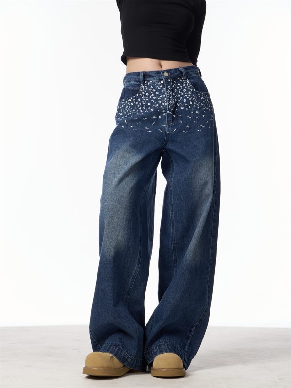 ⁦Vintage Floral Embroidered Straight Jeans Women Loose Casual Wide-leg Trousers⁩ - الصورة ⁦4⁩