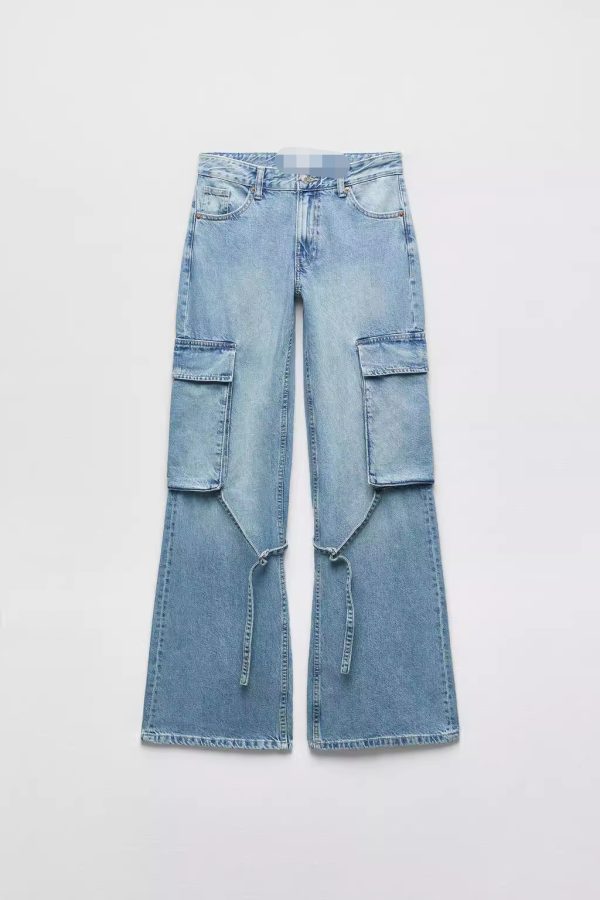 ⁦Women's Fashion Loose Strap Accessories Mid Waist Cargo Jeans⁩ - الصورة ⁦5⁩