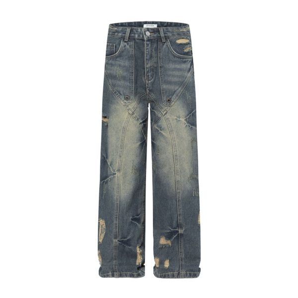 ⁦Straight Jeans Loose Distressed Retro Long Pants⁩ - الصورة ⁦3⁩