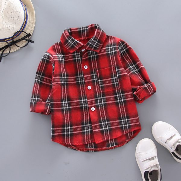 ⁦Boys And Girls Plaid Shirts Korean Style Loose Lapel Long Sleeves⁩ - الصورة ⁦3⁩