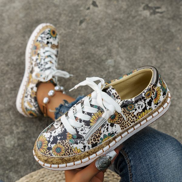 ⁦Color Matching Printing Lace-up Flats Retro Fashion⁩ - الصورة ⁦9⁩