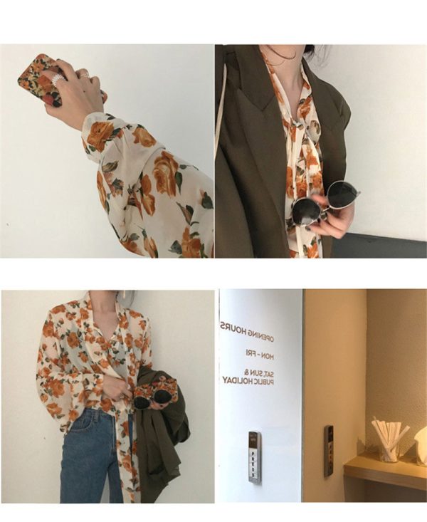 ⁦Women Retro Floral Chic Chiffon Spring Fall Fashion  Lace-up Design Soft Female Shirts Top Ins⁩ - الصورة ⁦3⁩