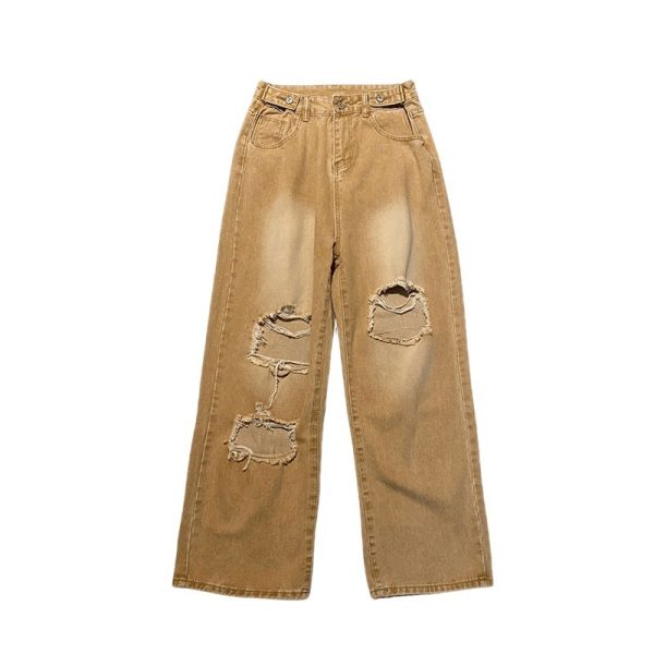 ⁦Vintage Washed Worn Khaki Ripped Jeans Women⁩ - الصورة ⁦5⁩