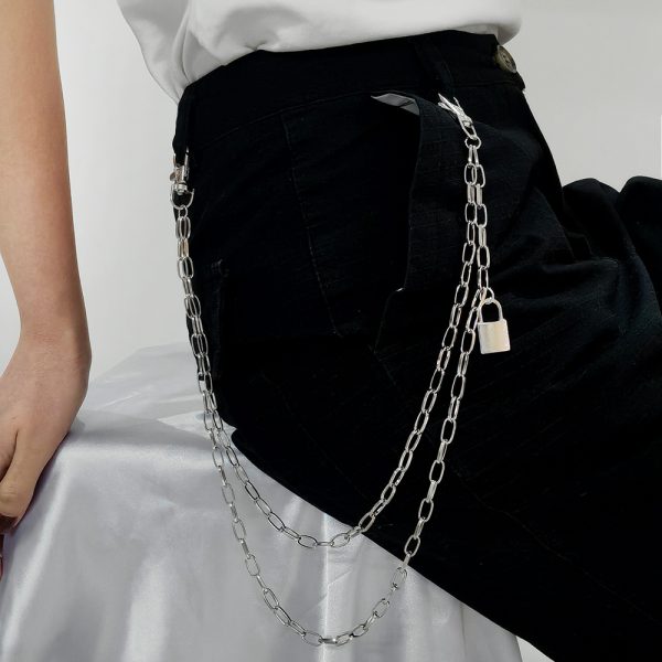 ⁦Double Metal Lockhead Chain Hip Hop Men And Women With Silver Punk Hollowed-out Chain Bundy Hip Hop Jeans Accessories⁩ - الصورة ⁦3⁩