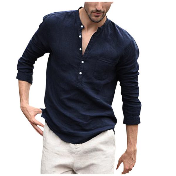 ⁦Men Vintage White Shirt Button Linen Shirts⁩ - الصورة ⁦4⁩