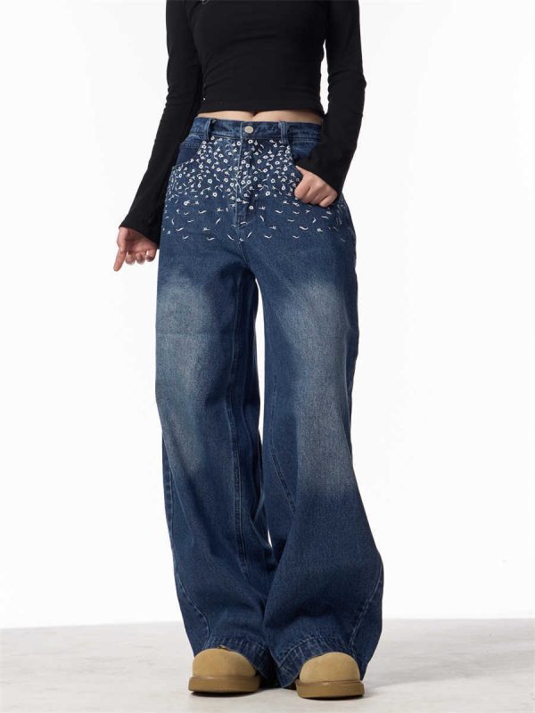 ⁦Vintage Floral Embroidered Straight Jeans Women Loose Casual Wide-leg Trousers⁩ - الصورة ⁦7⁩