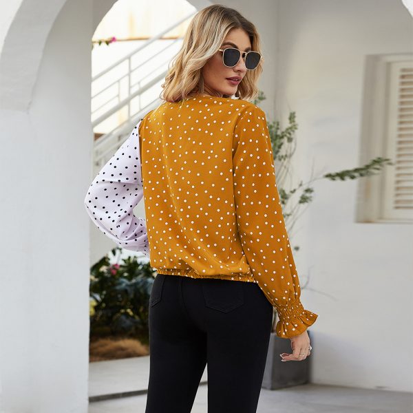 ⁦Women's Patchwork Polka Dot Long Sleeve Top Casual Shirt⁩ - الصورة ⁦4⁩