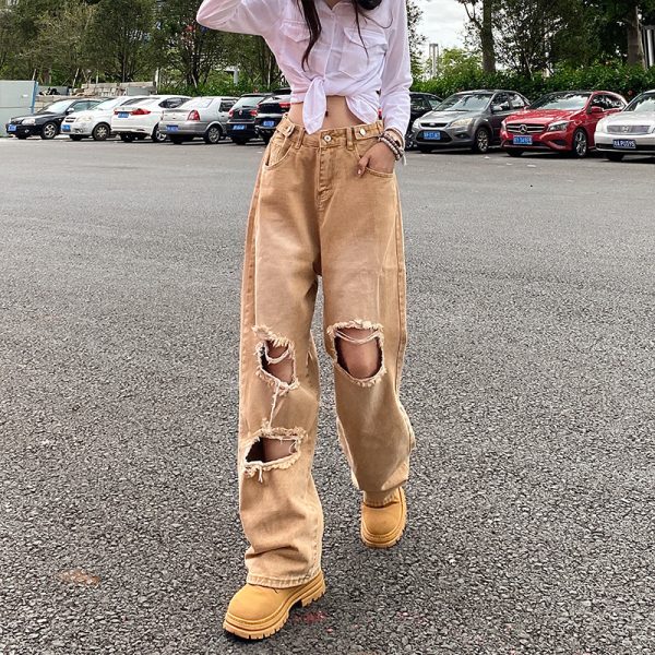 ⁦Vintage Washed Worn Khaki Ripped Jeans Women⁩ - الصورة ⁦3⁩