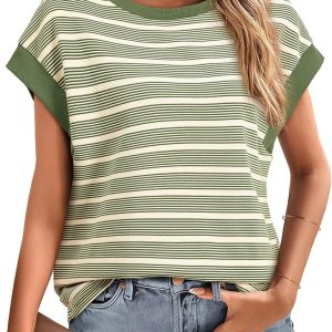 Women's Striped Short Sleeve T-Shirts Casual Loose Fit Color Block Crew Neck Summer Tops