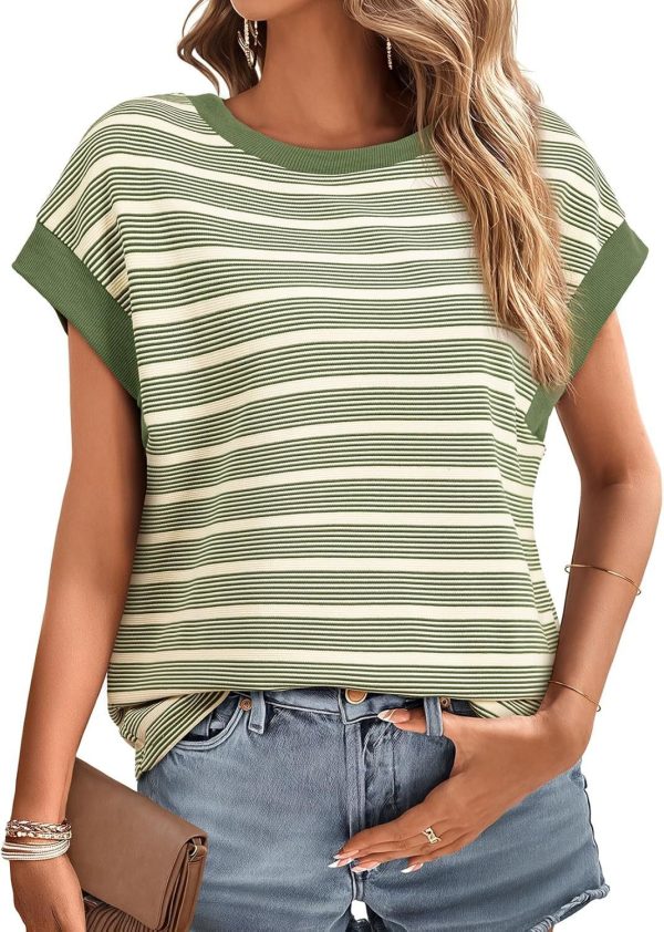 Women's Striped Short Sleeve T-Shirts Casual Loose Fit Color Block Crew Neck Summer Tops