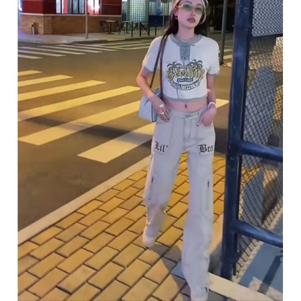 ⁦Vintage Embroidered Zip Fly Khaki Jeans For Women⁩ - الصورة ⁦4⁩