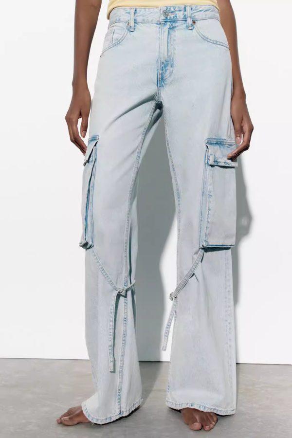 ⁦Women's Fashion Loose Strap Accessories Mid Waist Cargo Jeans⁩ - الصورة ⁦6⁩